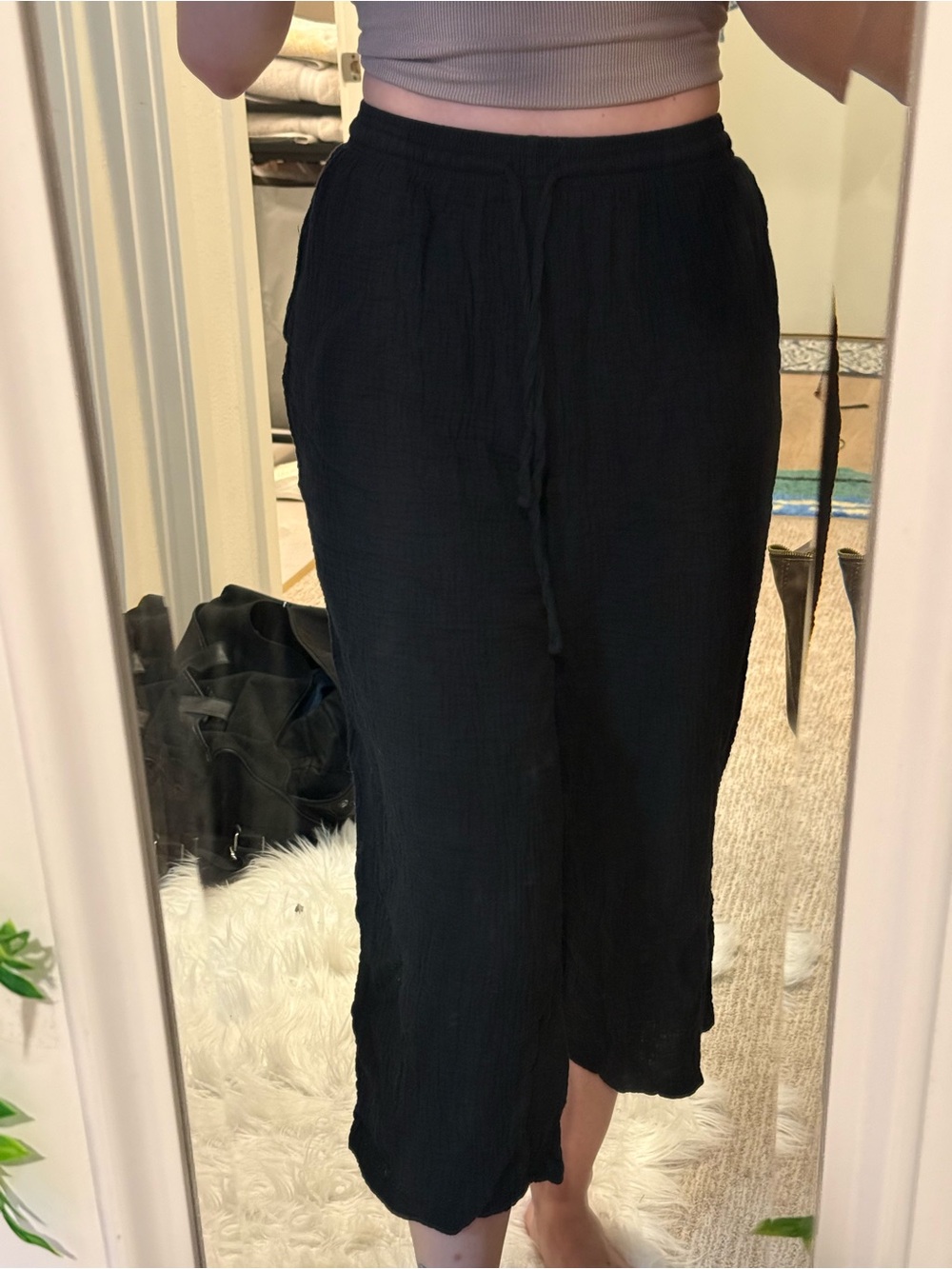 Jessica Simpson Black Drawstring Wide-Leg Linen Blend Pants
